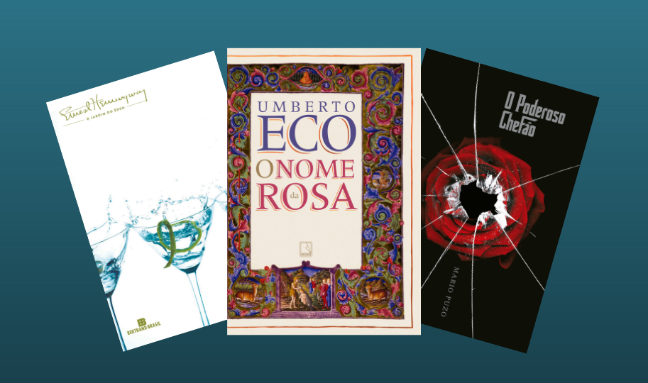 Os três lançamentos em brochura|Nova capa de 'O nome da rosa' traz o nome de Umberto Eco e o título do livro. Há ilustrações inspiradas na obra de Angelo Agostini e moldura|Capa de 'O Jardim do Éden'|Capa de 'O poderoso chefão'